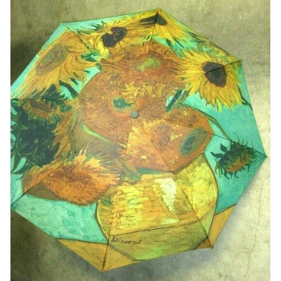 Sunflowers Van Gogh Print Compact Travel Rain Umbrella Unisex Gold Turquoise NWT - Picture 5 of 7